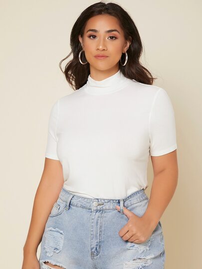 SHEIN BASICS Plus High Neck Solid Tee Summer