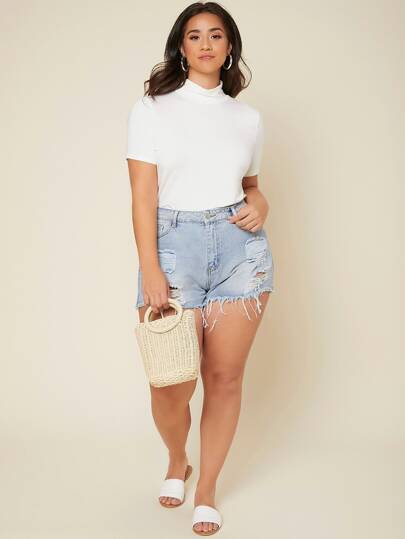 SHEIN BASICS Plus High Neck Solid Tee/Summer