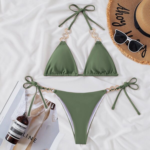 

Ring Linked Halter Tie Side Bikini Swimsuit, Army green