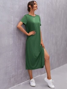 SHEIN LUNE Split Thigh Tee Dress - Dark Green - View 3