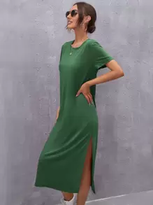 SHEIN LUNE Split Thigh Tee Dress - Dark Green - View 5