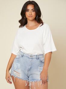 SHEIN LUNE Plus Raglan Sleeve Rib-knit Solid Tee