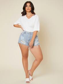 SHEIN LUNE Plus Raglan Sleeve Rib-knit Solid Tee