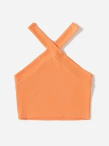 SHEIN EZwear Rib Knit Halter Crop Top - Coral Orange - View 3