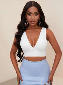 Slaydiva Deep V-Neck Backless Cropped Tank Top - White - View 1