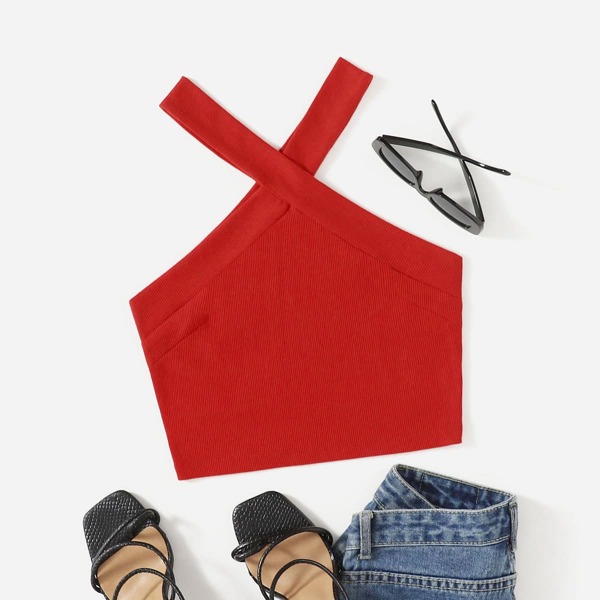 

Rib Knit Halter Crop Top, Red