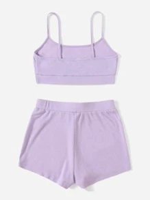 Muchica 字母刺繡吊帶上衣和短褲套裝 - 紫丁香色 - 查看 2