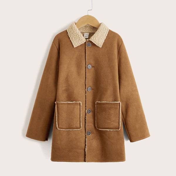 

Boys Contrast Collar Dual Pocket Coat, Coffee brown