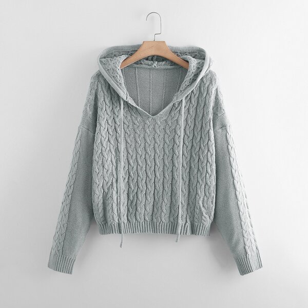 

Plus Cable Knit Drop Shoulder Drawstring Hooded Sweater, Grey