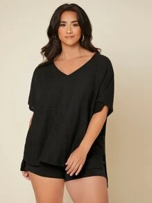 SHEIN Essnce Plus Waffle Knit Split High Low Tee - Black - View 1