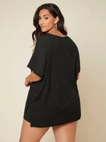 SHEIN Essnce Plus Waffle Knit Split High Low Tee - Black - View 2