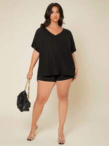 SHEIN Essnce Plus Waffle Knit Split High Low Tee - Black - View 3