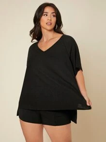 SHEIN Essnce Plus Waffle Knit Split High Low Tee - Black - View 4