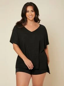 SHEIN Essnce Plus Waffle Knit Split High Low Tee - Black - View 5