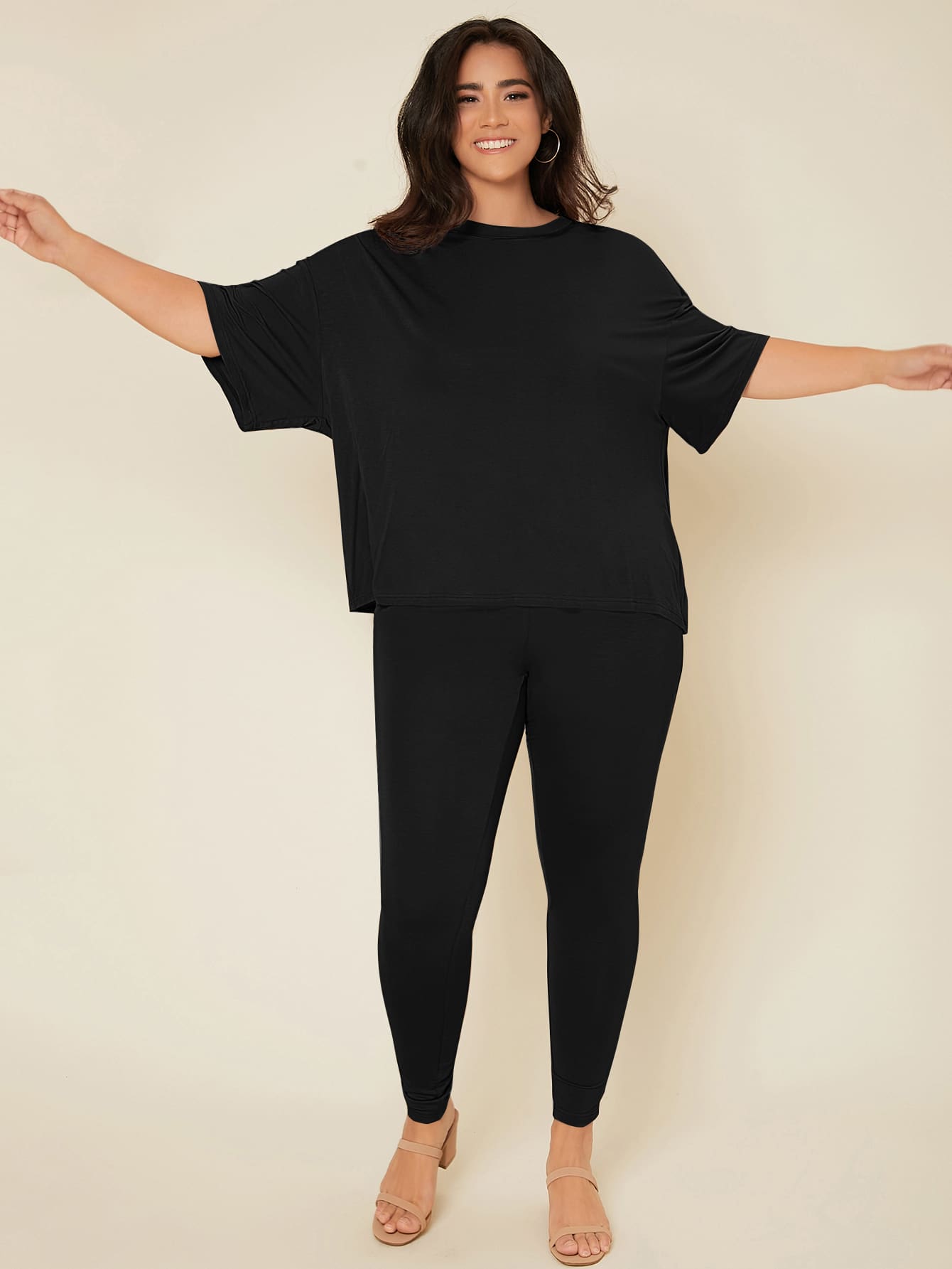 SHEIN BASICS Plus Solid Drop Shoulder Top & Leggings - Black - View 1