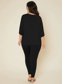 SHEIN BASICS Plus Solid Drop Shoulder Top & Leggings - Black - View 2