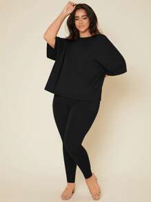 SHEIN BASICS Plus Solid Drop Shoulder Top & Leggings - Black - View 4