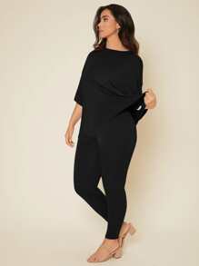 SHEIN BASICS Plus Solid Drop Shoulder Top & Leggings - Black - View 6