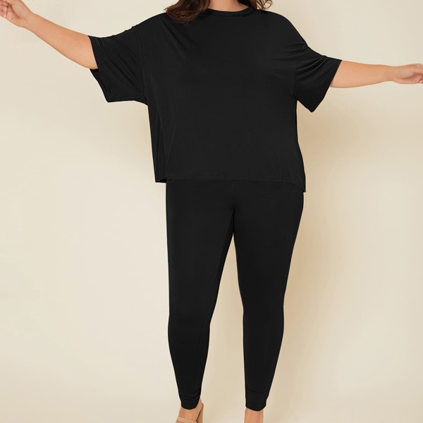 

Plus Solid Drop Shoulder Top & Leggings, Black