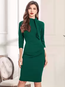 MIUSOL 後拉鏈繫帶領鉛筆連衣裙 - 墨綠色 - 查看 1