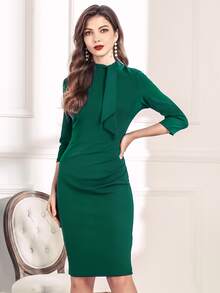 MIUSOL 後拉鏈繫帶領鉛筆連衣裙 - 墨綠色 - 查看 3