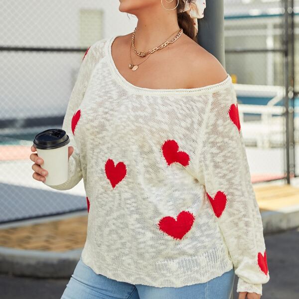 

Plus Heart Pattern Raglan Sleeve Sweater, Beige