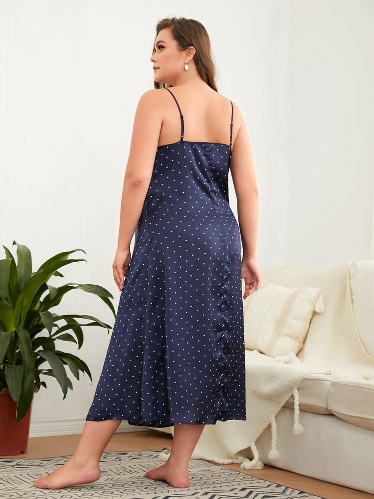 SHEIN 大碼波卡圓點高衩睡吊帶連衣裙 - 藏蓝色 - 查看 2