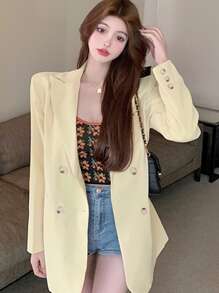 Solid Peak Lapel Double Breasted Blazer