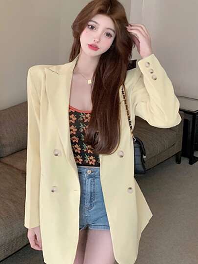 素色西裝領雙排釦西裝外套