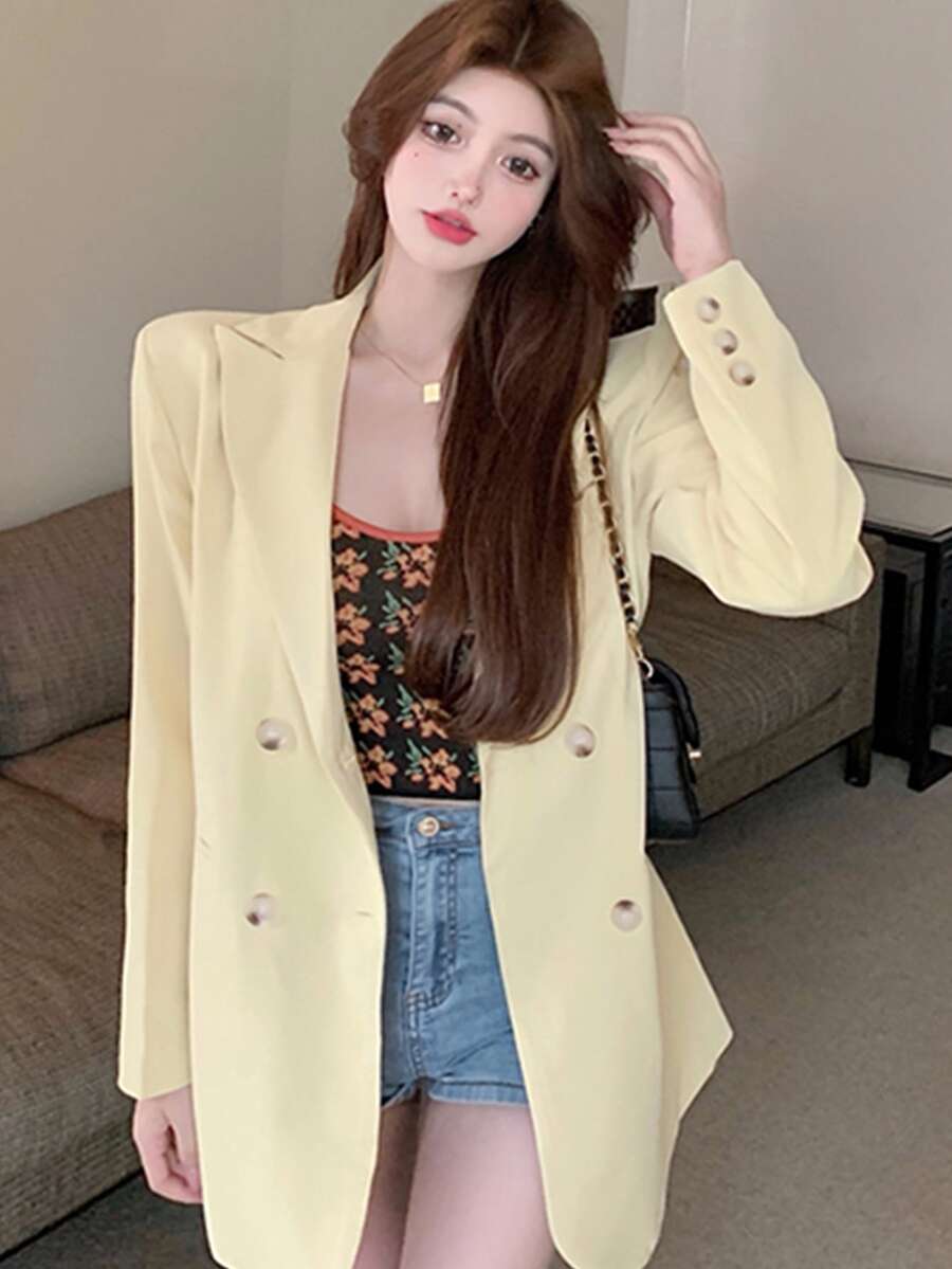 Solid Peak Lapel Double Breasted Blazer