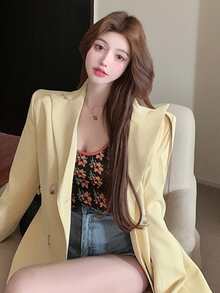 Solid Peak Lapel Double Breasted Blazer