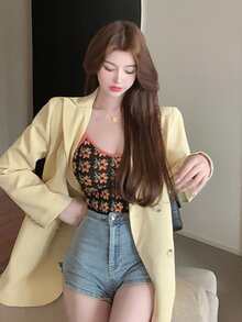 Solid Peak Lapel Double Breasted Blazer