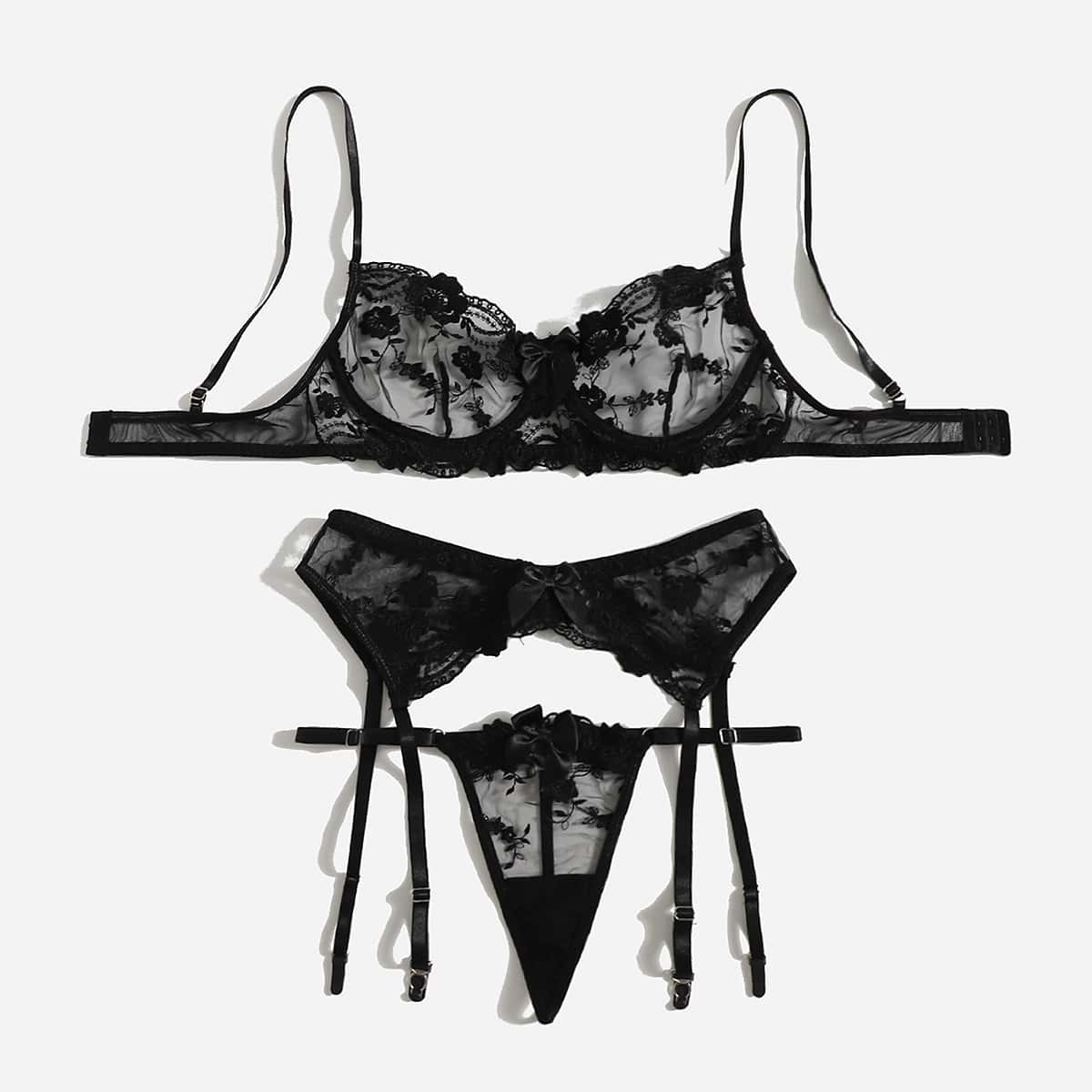 

Floral Print Underwire Garter Lingerie Set, Black