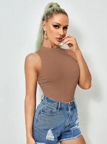 SHEIN Essnce Mock-Neck Solid Tank Top - Camel - View 1