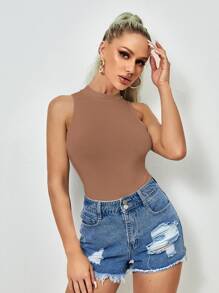 SHEIN Essnce Mock-Neck Solid Tank Top - Camel - View 3