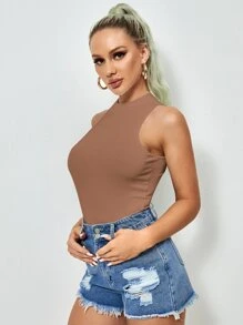 SHEIN Essnce Mock-Neck Solid Tank Top - Camel - View 4