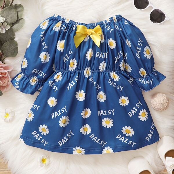 

Baby Girl Floral & Letter Graphic Smock Dress, Blue