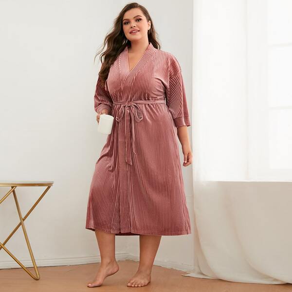 

Plus Tie Front Drop Shoulder Cord Wrap Robe, Dusty pink