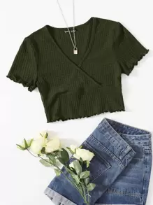 SHEIN Qutie Surplice Neck Lettuce Trim Tee - Dark Green - View 1