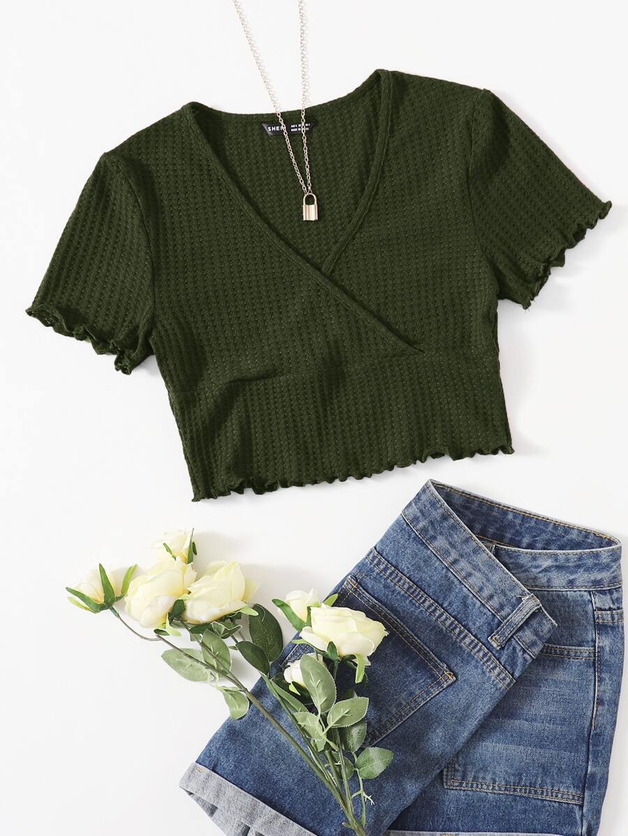 SHEIN Qutie Surplice Neck Lettuce Trim Tee - Dark Green - View 1
