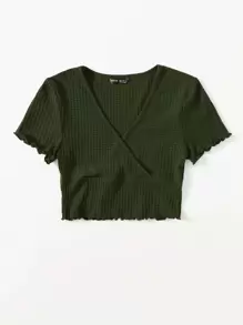 SHEIN Qutie Surplice Neck Lettuce Trim Tee - Dark Green - View 4