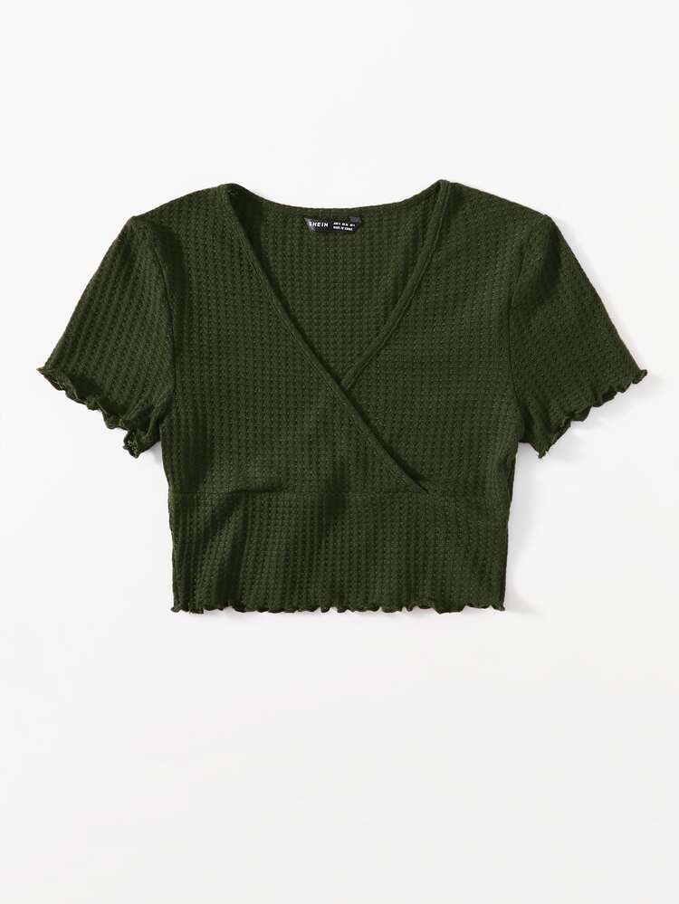 SHEIN Qutie Surplice Neck Lettuce Trim Tee - Dark Green - View 4