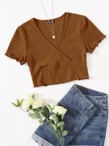 SHEIN Qutie Surplice Neck Lettuce Trim Tee - Brown - View 1