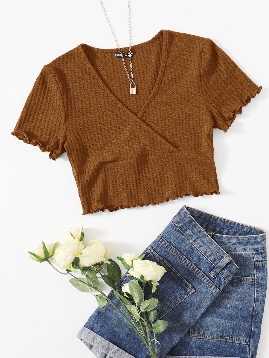 SHEIN Qutie Surplice Neck Lettuce Trim Tee - Brown - View 1