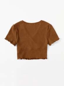 SHEIN Qutie Surplice Neck Lettuce Trim Tee - Brown - View 2