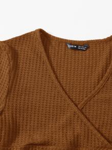 SHEIN Qutie Surplice Neck Lettuce Trim Tee - Brown - View 3