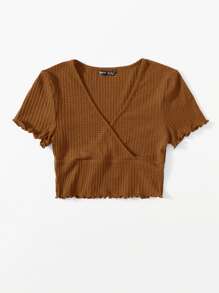 SHEIN Qutie Surplice Neck Lettuce Trim Tee - Brown - View 5
