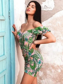 Tropical Print Off Shoulder Shirred Bodycon Dress - Multicolor - View 7