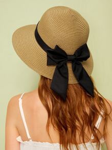 Bow Decor Straw Hat Boho - Khaki - View 1
