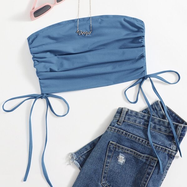 

Drawstring Knot Ruched Tube Top, Dusty blue